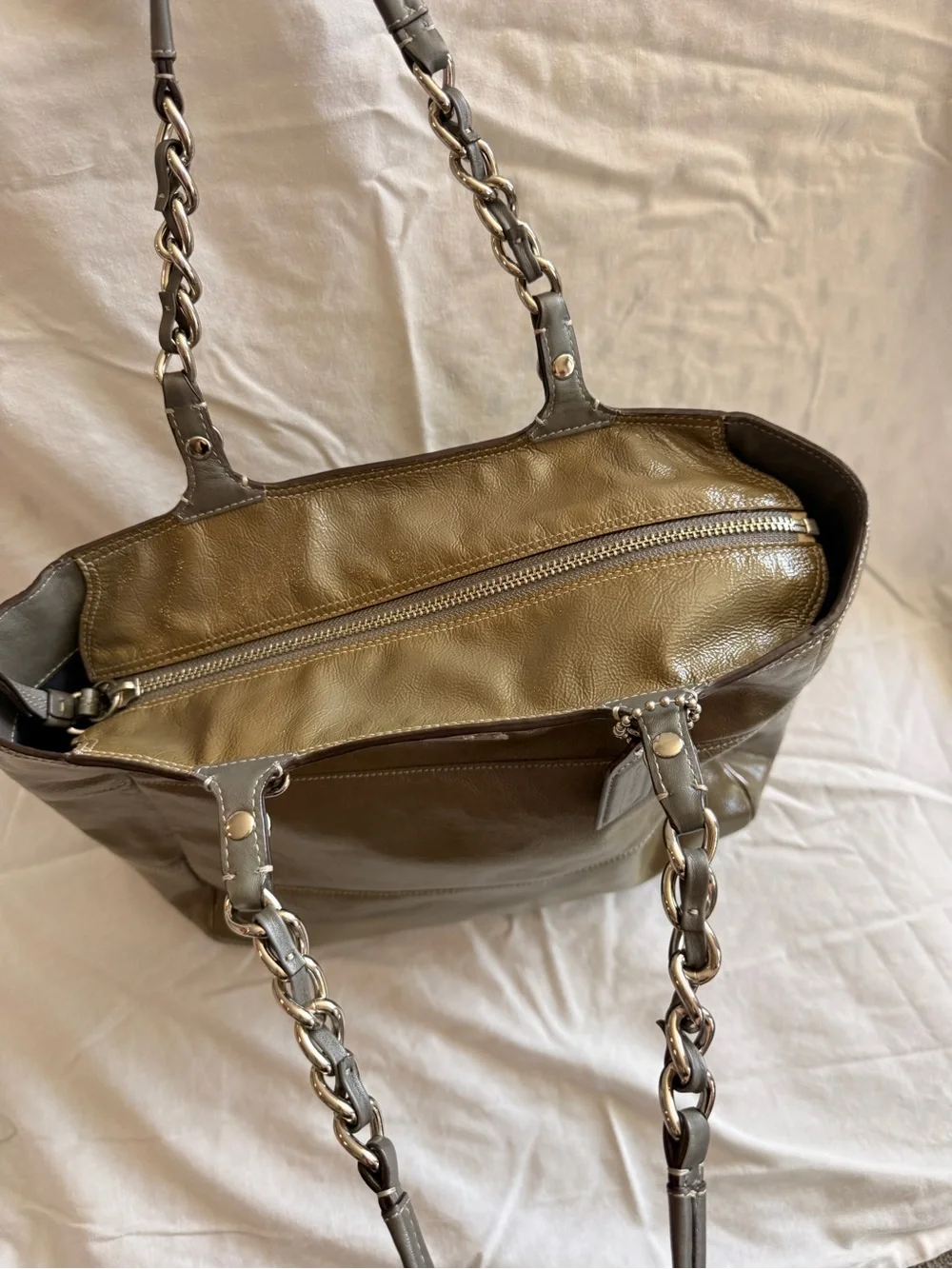 Coach Olive Leather Tote with Chain-Detail Handles